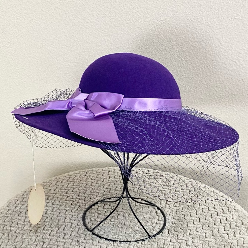 NWT. DOESKIN | Vintage Purple Mesh And Bow Wide Brim Hat OS